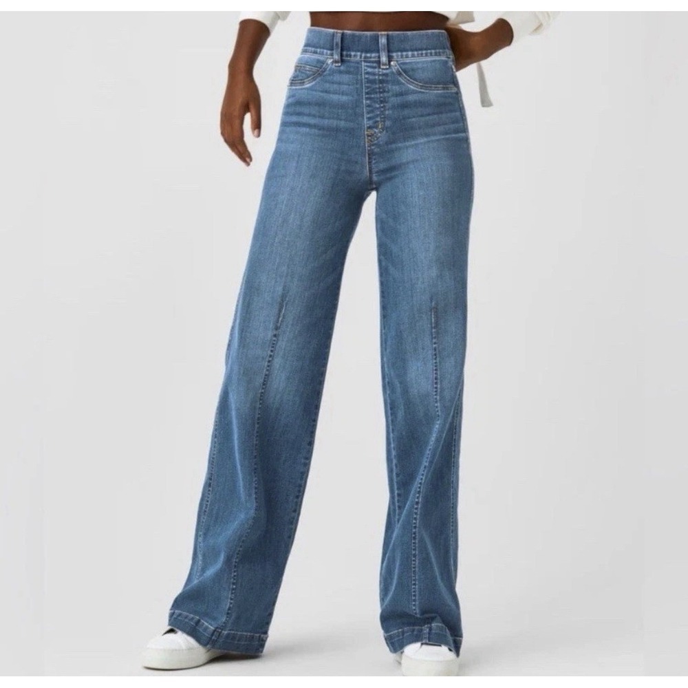 Spanx Seamed Front Wide Leg Jeans 20407R Vintage Indigo Pull On Pant Women's L